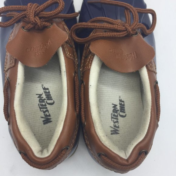 WESTERN CHIEF 7M Rain Duck Moccasin Slip On Navy / Brown Leather Womans - Picture 6 of 8
